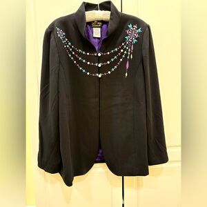 Bob Mackie Wearable Art Black Jacket Womens Large Embroidery Bling 3 Button EUC
